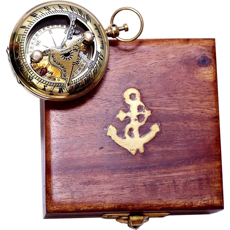 Shiny brass Handmade Push Open Sundial Compass With Rose Wood