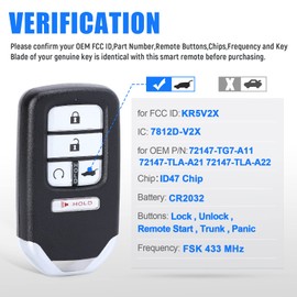 Keymall Smart Key Fob Keyless Entry Remote Start Replacement for Honda Pilot 2016-2018 for Civic CR-V 2017-2020 KR5V2X 5 Buttons 433 Mhz ID47 Chip