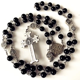 elegantmedical Catholic Saint St. Benedict Black Agate Beads Gift Rosary Necklace Cross Jerusalem, 22", Agate, Agate