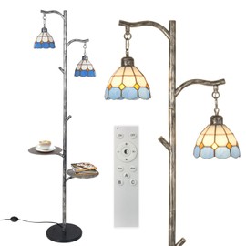 beaysyty Tiffany Style Stained Glass Retro Floor Lamp with Tray, Dimmable Floor Lamps, Custom Color Temperature Standing Lamp for Living Room and Bedroom, Painted Silver Gray
