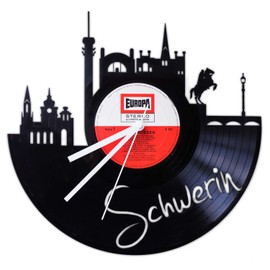 GRAVURZEILE Vinyl Record Clock - Skyline Schwerin - Wall Clock Made of Cast Vinyl with City Skyline 30 cm - Upcycling Design Clock Wall Decoration Vintage Clock Wall Decoration Retro Clock - Made in