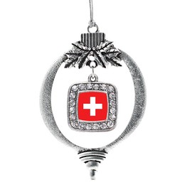Inspired Silver - Switzerland Flag Charm Ornament - Silver Square Charm Holiday Ornaments with Cubic Zirconia Jewelry