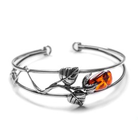 HENRYKA Baltic Amber and Solid 925 Sterling Silver English Rose Adjustable Bangle Bracelet | Flower Jewellery | Gift for Her Wife