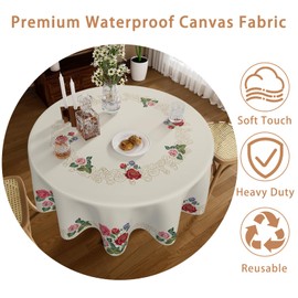 TQUQOBU Canvas Round Table Cloths 60 Inch, Waterproof Floral Summer Fall Round Tablecloth, Wrinkle Free Stain Resistant Fitted Table Cover Protector for Rustic Dining, Kitchen, Party, Picnic, Outdoor