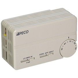 Peco TA155-046 3 Speed Fan Coil Programmable Thermostat with Wire Leads, Cool-Heat-Off, Line Voltage, White