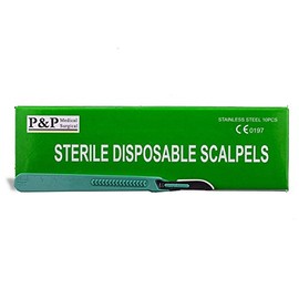 Disposable Scalpels Sterile Surgical Blade Size 10 Stainless Steel with Plastic Handle & Metric Line Individually Foil Wrapped Box of 20