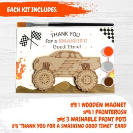 12-Pack Pre-Packaged Monster Truck Party Favors for Kids, Wooden Truck Cutouts with Magnets & Painting Kits, Boys' 4th Birthday Decorations & Thank You Gifts for Guests