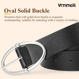 VONMELLI Womens Leather Belt for Jean Pant, Black Waist Ladies Belt for Fashion Dress with Sliver Pin Buckle S