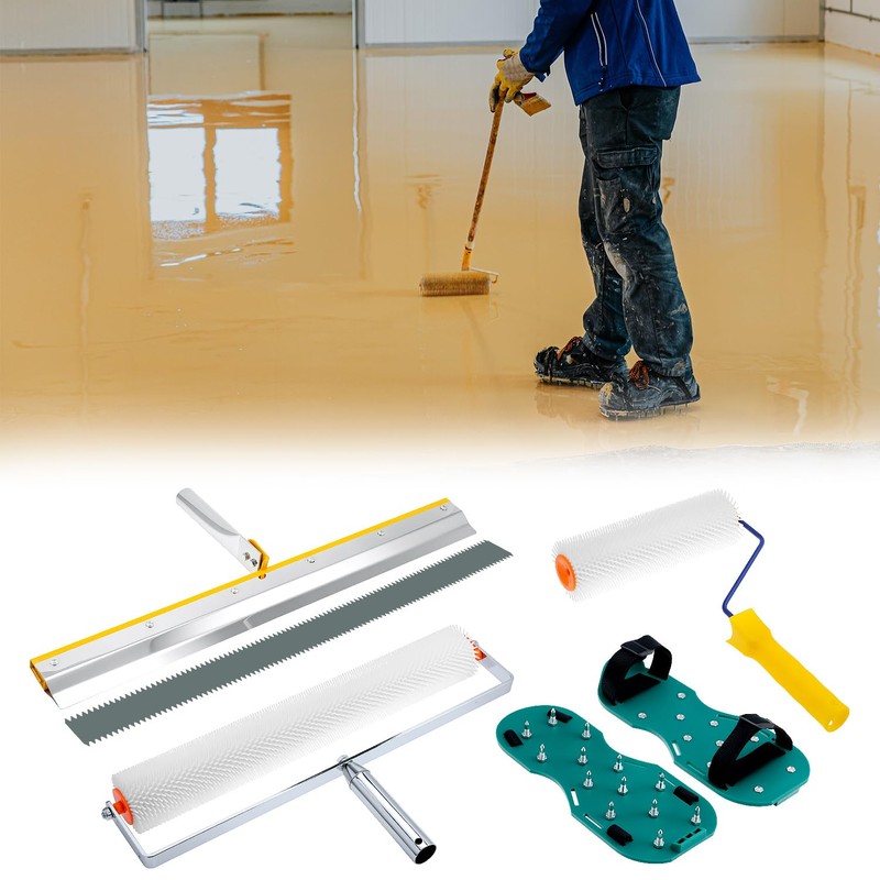 QWORK Self-Levelling Cement Tool Kit, Floor Construction Roller Spike Shoes,