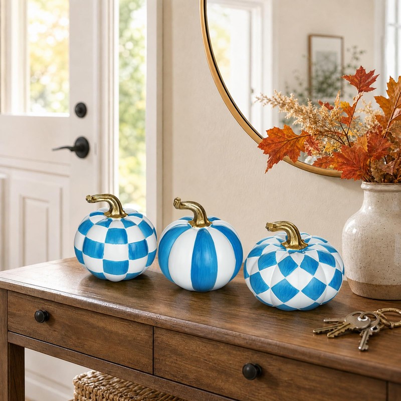 3-Piece Blue and White Resin Pumpkin Set, Coastal Fall Decor