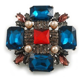 Victorian Style Multicoloured Glass Bead Cross Brooch/Pendant in Aged Silver Tone - 55mm Tall