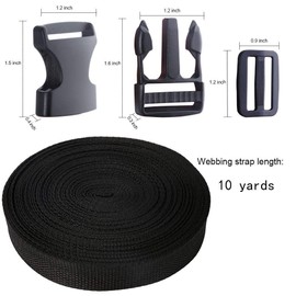 Buckles Strap Set, YGDZ 10 Yards 1 Inch Nylon Webbing Strap with 20 Set Side Release Plastic Buckles for Luggage Strap Backpack Repairing, Black