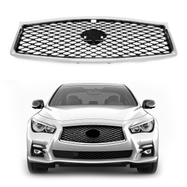 KUAFU Front Grill Compatible with 2014-2017 Infiniti Q50 All Model Bumper Upper Hood Grille Painted+Chrome Black & Silvery