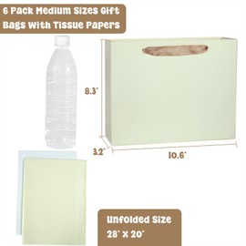 6 Pack Medium 10.5"x4"x8.1" Beige Gift Bags with Tissue Papers, Kraft Shopping Bags with Ribbon Handles, Retail Wrapping Bag Set for Birthdays, Weddings, Holidays, Parties