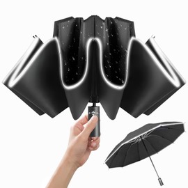 OXTXO Compact Umbrella Windproof Strong,Reverse Close Inverted Travel Umbrella,Auto Open/Close,10 Ribs, Large Size-Lightweight Folding Umbrella with Reflective Safety Strip