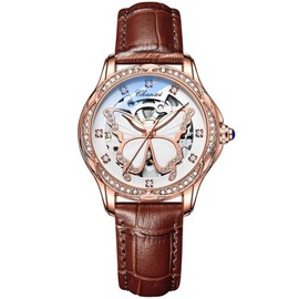 FENKOO Fashion Women's Automatic Mechanical Watch Rose Gold Butterfly Dial Luminous Diamond Waterproof Watch (Colour: Brown)