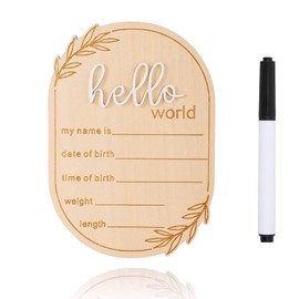 Baby Announcement Sign, 5.91x4.13 Inch Wooden Hello World Newborn Signs, Birth Announcement Sign, Ear of Wheat Decoration, Welcome Newborn Arrival to World, Hospital Nursery for baby (White,Pen)