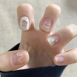 Resweky Short Smile Square Face Nail Fake Nude Pink French False Nails Print on Nails Full Cover Acrylic Nails for Women and Girls