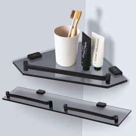 All black bathroom towel glass shelf bathroom sink Organizer two-level corner shelf
