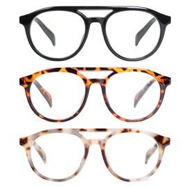 KoKoBin Aviator Round Reading Glasses for Men and Women,3 Pairs Oversized Blue Light Blocking Spring Hinge Readers +2.0