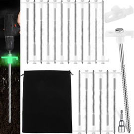 Tandefio 10 Pcs 8 Inch Tent Stakes Screw in Heavy Duty Metal Tent Stakes Screws Hex Pegs Drillable Tent Stakes Ground Anchor Peg Threaded Tent Spike with Hex Head Driver (Illuminant White)