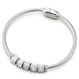 COOLSTEELANDBEYOND Beautiful Stainless Steel Cubic Zirconia Charms Bangle Bracelet for Women Girls, Magnetic Clasp