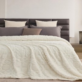 KORBLISS Home Fleece Queen 90x90 Inches Blanket for Couch, Bed, TV, Party, and Gift - 3D Jacquard Decorative Blankets - Cozy Soft Blanket, All Seasons, Flower Flower Ivory, 90"x90"