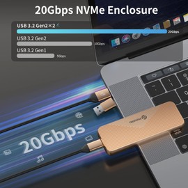 PHIXERO 20Gbps M.2 NVME SSD Enclosure, NVME to USB 3.2 Gen 2X2, External Solid State Enclosure Adapter with UASP, for M Key/B+M Key MVME SSD, and Size 2280/2260/2242/2230 (UP to 4TB