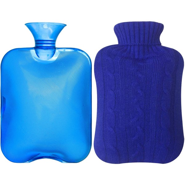 Attmu Rubber Hot Water Bottle with Cover Knitted, Transparent Hot Water Bag 2 Liter- Blue