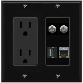 Wall Plate City CAT7 2 COAX HD Port Wall Plate Black w Power Outlet