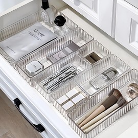 YTOPRO 7 PCS Clear Drawer Organizers Bins, 4-Size Stackable Makeup Drawer Organizer Trays,Drawer Storage Containers,Desk Drawer Organizer Trays,Drawer Dividers for Kitchen,Bathroom,Makeup,Office