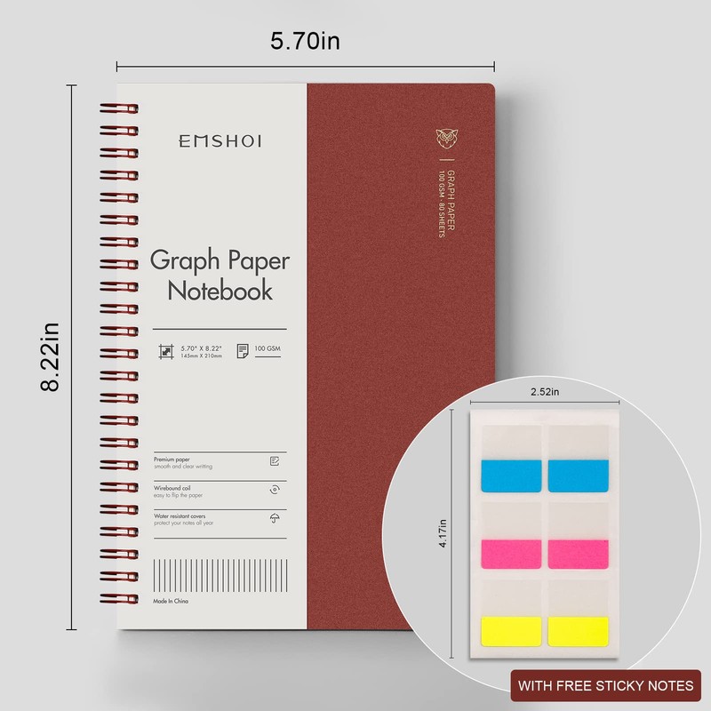 EMSHOI Graph Paper Spiral Notebook 5.7" x 8.22" - 4