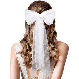 Velo de novia con lazo para el pelo de despedida de soltera con perlas, velo de boda, accesorios para el cabello de novia, regalos de dama de honor, lazo grande con pasador, decoración de despedida de soltera (blanco, lazo de perla)