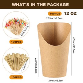Teemumu 12 oz Charcuterie Cups with Sticks 100pcs Disposable French Fries Cups Brown Kraft Paper Appetizer Cups with 200pcs Cocktail Picks for Snack,Dessert or all Occasions (Brown)