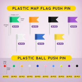 Swpeet - 305 unidades, 2 tipos, coloridos tachuelas con kit surtido de puntas de acero, cabeza redonda de bola de 1/8 pulgadas y tachuelas de bandera de mapa de 7/10 pulgadas para tablero de anuncios