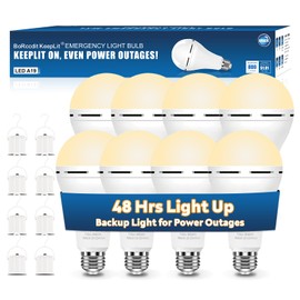 BoRccdit KeepLit 8 Pack Emergency Rechargeable Light Bulbs, 48H Long Lasting & 3 Brightness Power Outage Light Bulbs,12W 3000K Battery Backup Emergency Light Bulbs for Home Power Failure Hurricane