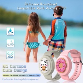 2Pack Compatible for AirTag Bracelet Waterproof, Soft Silicone Air tag Wristband Holder Cute Air Tags Case for Children Teen (Beige+Pink)