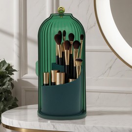 PSUNEY Makeup Brush Holder with Lid Cosmetic Tools Organizer 360 Rotating Waterproof Dustproof Make Up Brushes Storage for Vanity Bathroom Countertop