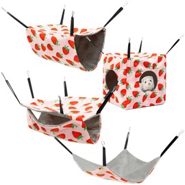 4Pcs Hamster Hammock Set Rat Hanging Bed House Washable Guinea Pig Hideout Bed Soft Ferret Hanging Nest for Chinchilla Sugar Glider Squirrel(Pink Strawberry)