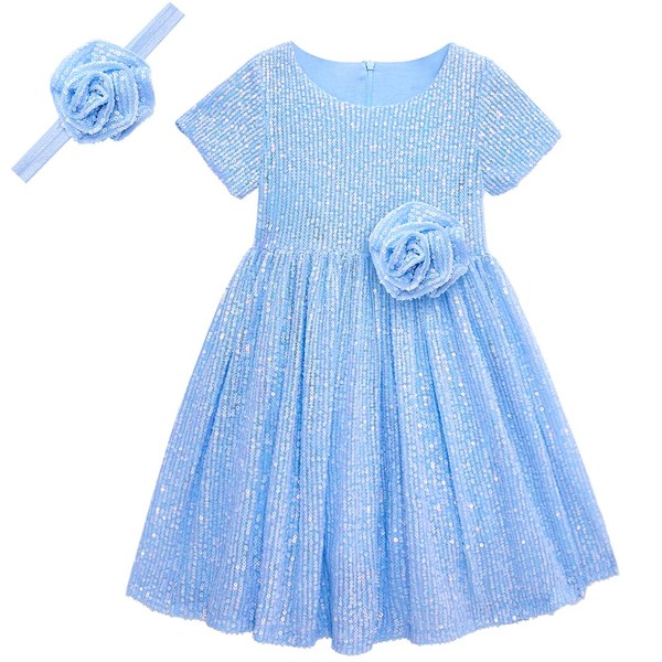 CHENBAO Vestido de niña de flores con lentejuelas para niñas y bebés, vestidos elegantes de rosa con bonita diadema, Azul-cielo, 5 Años