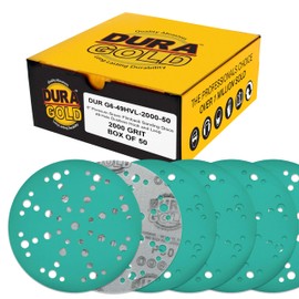 Dura-Gold Premium 2000 Grit 6" Green Film Sanding Discs, 49-Hole Pattern, Box of 50 - Heavy-Duty Dustless Hook & Loop Backing Sandpaper for DA, Random Orbital Sander, Detail Color Sand Auto Paint Wood
