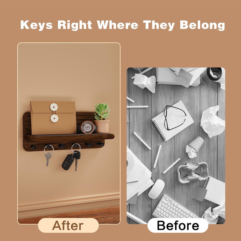 Jemyxhw Key Rack with Shelf and 6 Hooks, Wooden Key