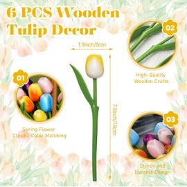 Golibra 6PCS Wooden Tulip Flowers, 7.5" Yellow Faux Tulips Bouquet, Handcrafted Wooden Flowers for Home & Office Table Decoration, Rustic Farmhouse Party Centerpieces
