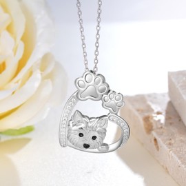 925 Sterling Silver Westie Dog Necklace - Heart Shaped Dog Pendant with Paw Print - Westie Gifts for Women