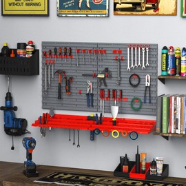 DURHAND 54 Pieces Pegboard and Shelf Tool Organizer, Wall Mounted DIY Garage Storage with 50 Hooks, Gray