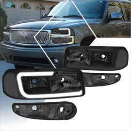 PM PERFORMOTOR [4Pcs] LED DRL Headlight+Bumper Lamps Assembly Compatible with 00-06 Sierra Yukon Denali,Smoked Lens/Clear Corner