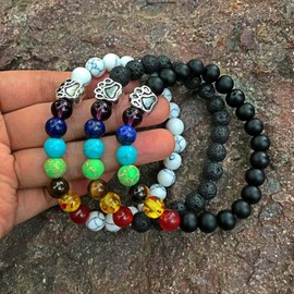 7 Chakra Natural Stone Paw Charm Bracelet (Brown) Lava Rock Mala Beads Elastic Bracelet Yoga Meditation Healing, Dog Puppy Cat Animal Paw Bracelet…