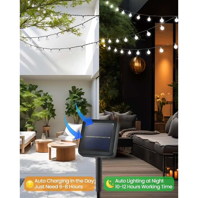 2-Pack 72FT 120 LED White Crystal Globe Solar String Lights