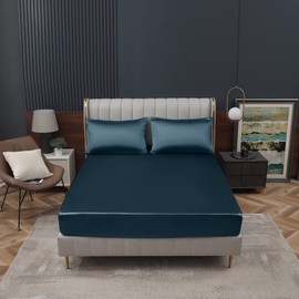 Homiest Deep Sea Blue Satin Fitted Sheet King Size Fitted Bed Sheet, Deep Pocket Fitted Sheet Only, Luxury & Ultra Soft Bedding Fitted Sheet Single Bottom Bed Sheets Sold Separately