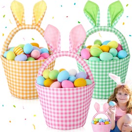DoubleFill 3 Pcs Easter Bunny Basket for Boys Girls Egg Hunt Basket Bags with Rabbit Ears Plaid Candy Egg Basket Gift Buckets Easter Gifts Storage, 2025 New, Safety and No Odor(Green Pink Yellow)
